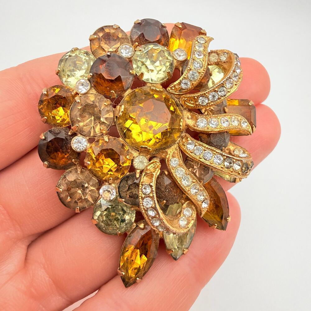 Vtg Signed Eisenberg Ice Floral Brooch Topaz Yellow Gold Autumn Crystals READ